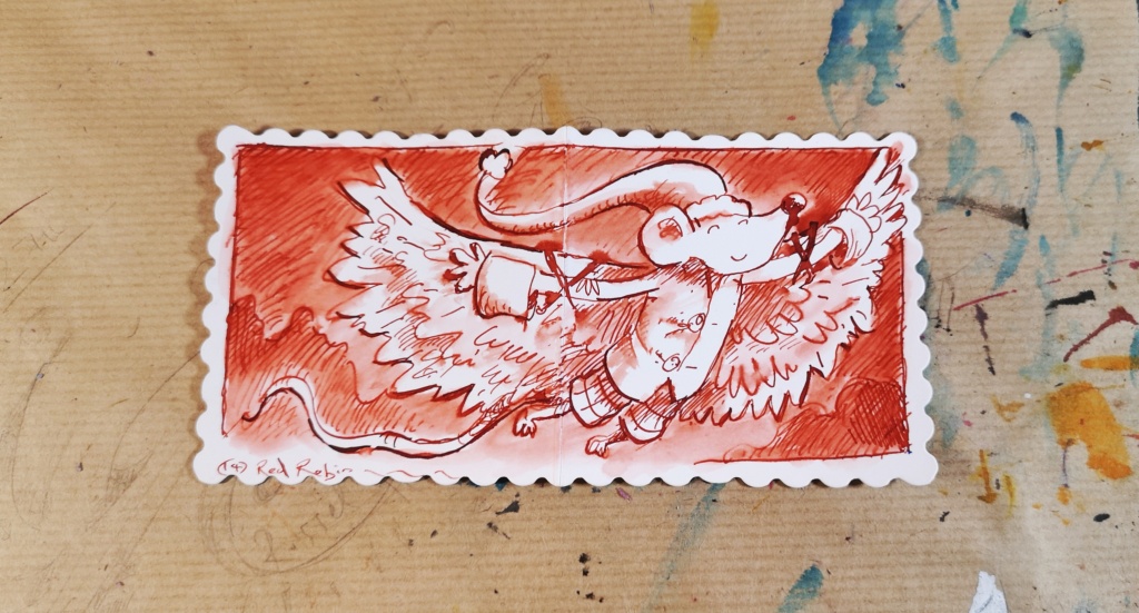 A photograph of a christmas card drawn with ink.